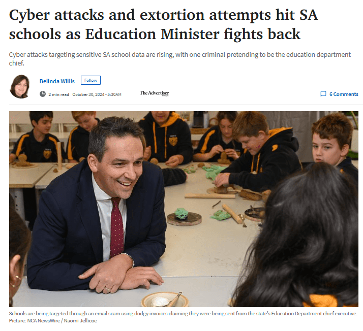 News article from The Advertiser with the headline 'Cyber attacks and extortion attempts hit SA schools as Education Minister fights back'